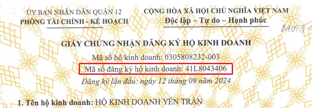 Mã số đăng ký Hộ kinh doanh