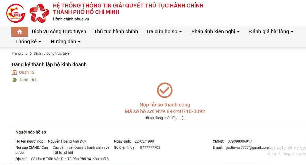 Nộp hồ sơ online Đăng ký hộ kinh doanh tại Quận 12