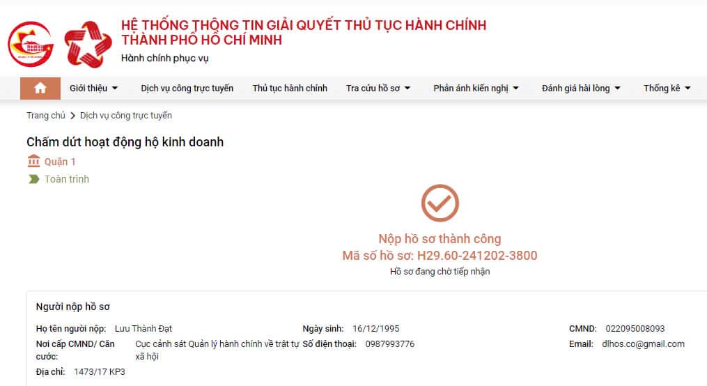 Hồ sơ chấm dứt hoạt động hộ kinh doanh nộp tại cổng thông tin điện tử