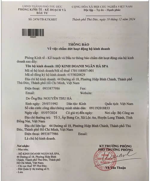 Thông báo chấm dứt hoạt động hộ kinh doanh của UBND TP Thủ Đức
