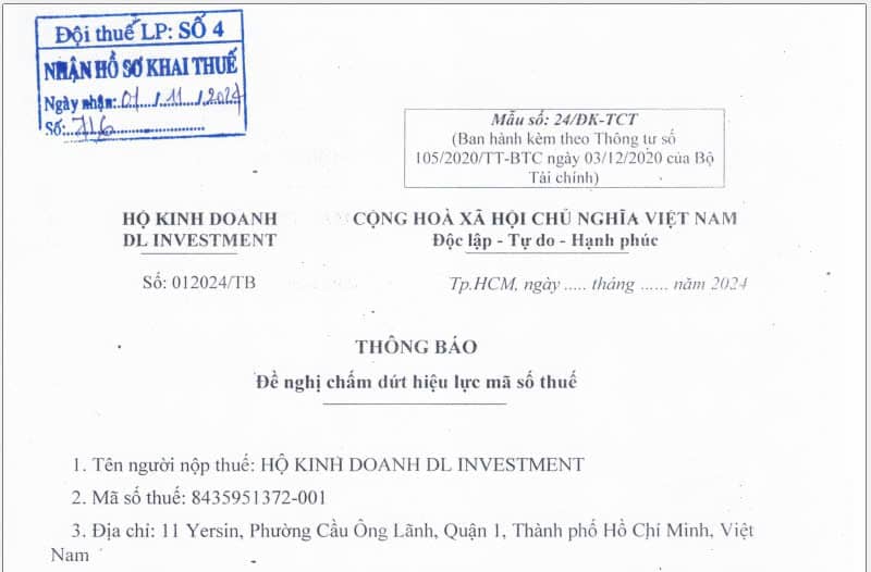 Thông báo để nghị chấm dứt hiệu lực MST hộ kinh doanh nộp cơ quan thuế